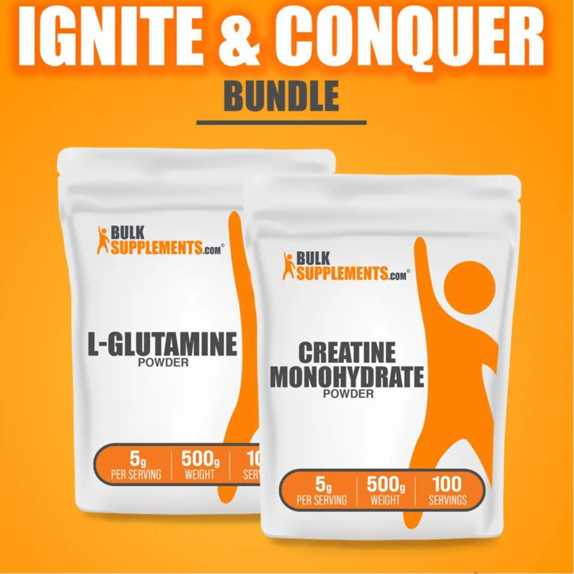 BulkSupplements Ignite & Conquer Bundle - Creatine Monohydrate Powder, L-Glutamine Powder - GF, Sugar Free, Gluten Free Preworkout Supplement for Gym, Muscle Boost Recovery & Support - Dietary Essential Workout Drink Mix