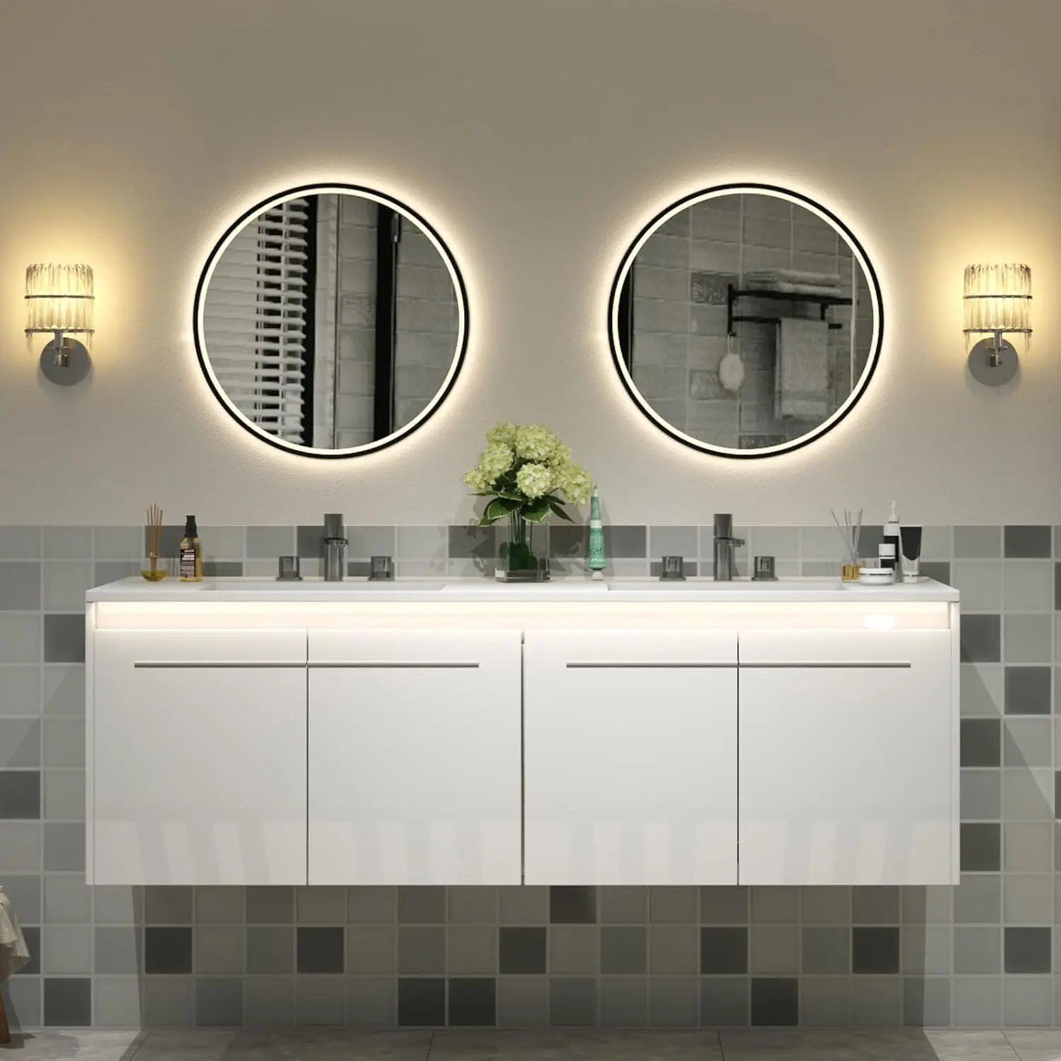 [Ships in 2 Boxes] VanAcc 31/60"Floating Bathroom Vanity with Sink, High Gloss Single Sink Wall Mounted Bathroom Storage Vanity Cabinet with LED Light & Metal Handles, Modern Bathroom Sink Cabinet