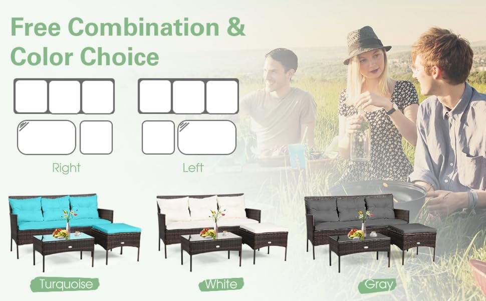 COSTWAY 3 Pieces Patio Conversation Set, Outdoor PE Rattan Wicker Furniture Set W/Cozy Cushions, All Weather Sectional Sofa Set W/Tempered Glass Coffee Table & Ottoman for Poolside, Backyard, Garden