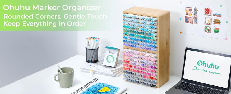 Ohuhu Bamboo Marker Organizer/Rotating Marker Organizer: Desktop Storage Hold 126/162/224 Markers for Honolulu Oahu Series of Ohuhu Markers, Pens Pencils Stationary Organizer Holder with 8/18/32 Compartments - Organizer Series of Ohuhu