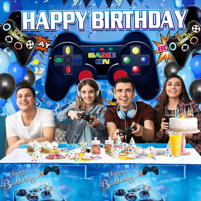 Video Game Birthday Decorations Set with Happy Birthday Backdrop Gaming Table Covers Blue Black Balloons Gamer Party Supplies for Boys