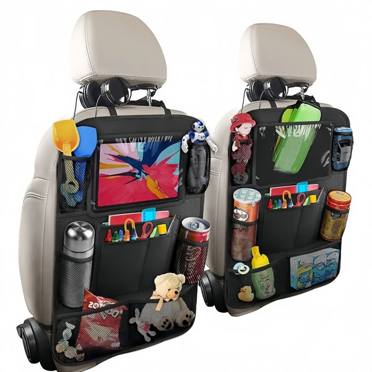 2 Pack Multifunctional Car Backseat Organizer - 10" Tablet Holder, 9 Storage Pockets, Kick-Proof Seat Protector, Waterproof PVC, Durable & Safe Materials, Easy-to-Clean, Quick Straps, 24x16in Automotive Interior Accessory for Families, Multifunctional Car