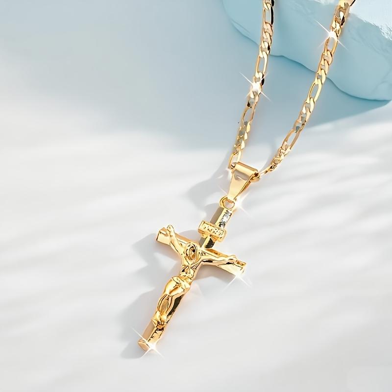 Men's Vintage 14K Gold-plated Jesus Cross Pendant Necklace With Smooth Chain Religious Jewelry For All Year Round Easter Graduation Gift