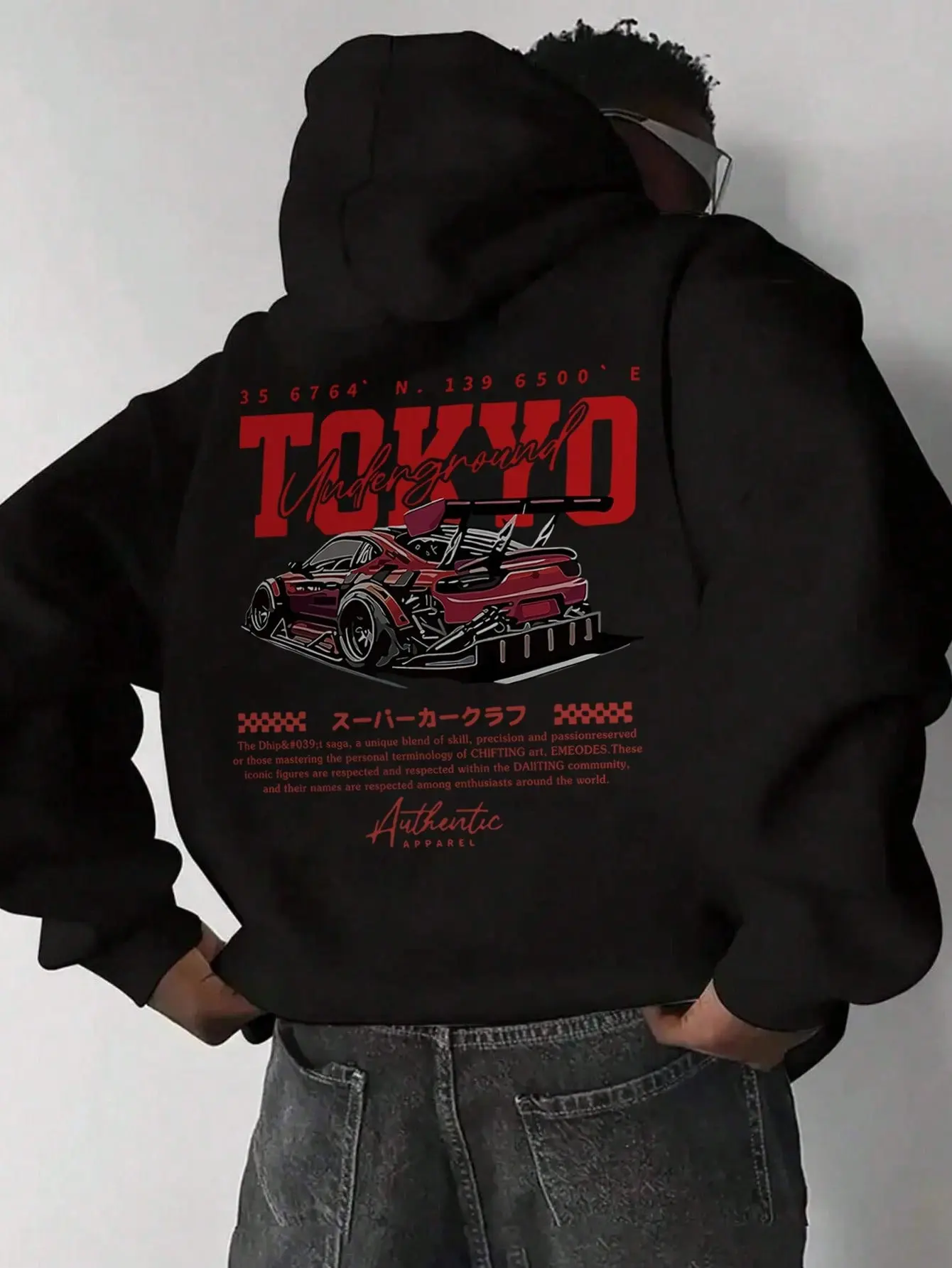 Tokyo Underground JDM Race Car Back Print Hoodie, 270G Brushed Fleece Japanese Drift Car Graphic Black Hooded Sweatshirt, Automotive Streetwear Pullover For Car Enthusiasts Men Women