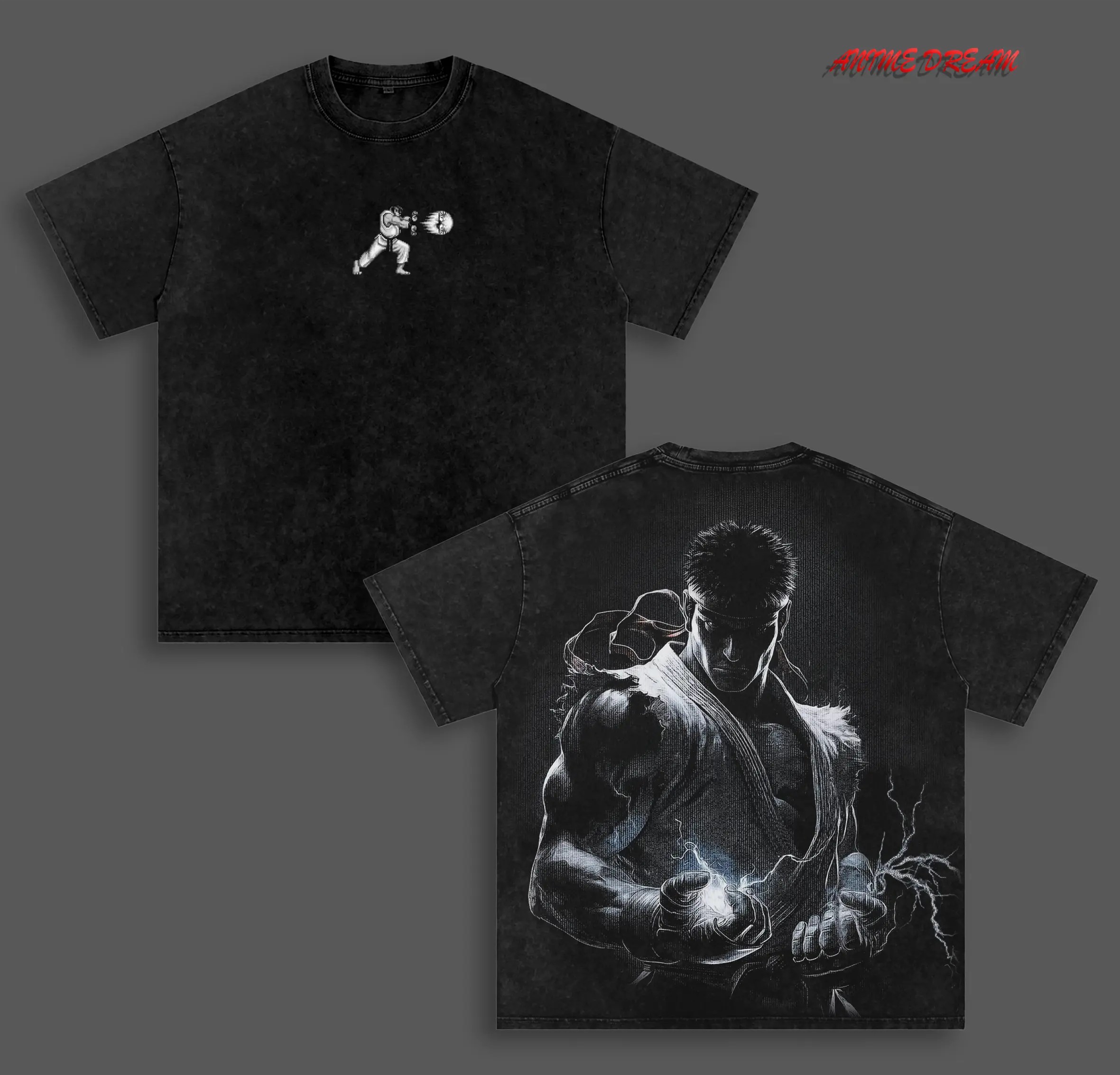 Ryu Street Fighter Game Double Printed Vintage Washed Tee Unisex Oversize Heavyweight Cotton T-shirt for Game Fans and Lovers
