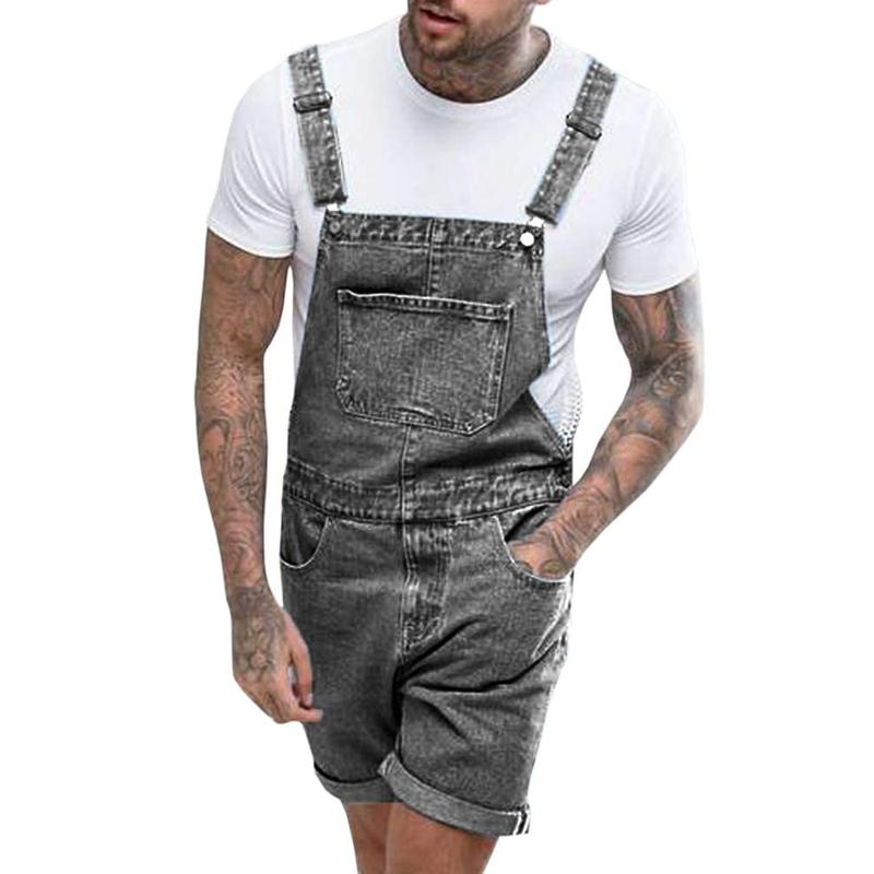 Runcati Men's Denim Shorts Bib Overall Jean Romper Casual Loose Fit Walkshort Button Pockets Summer Jumpersuit