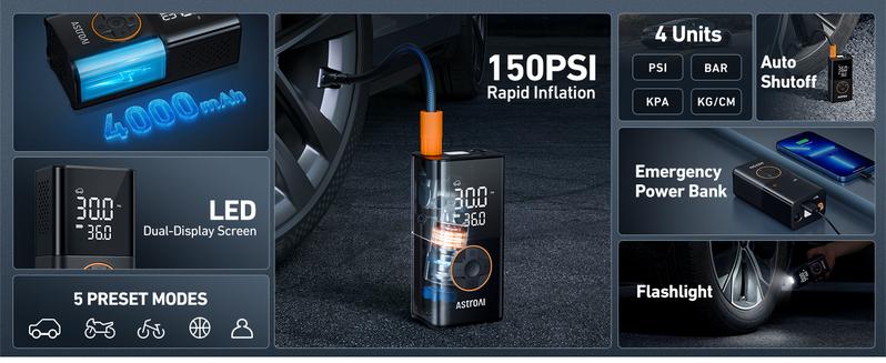 【Valentine's Day Gift】AstroAI L7 Tire Inflator Portable Air Compressor,150 PSI Cordless Car Tires Air Pump with LED Lights&Pressure Gauge,Auto Shut-Off - Tire Pump for Auto,Motorcycle, Bicycle, Ball