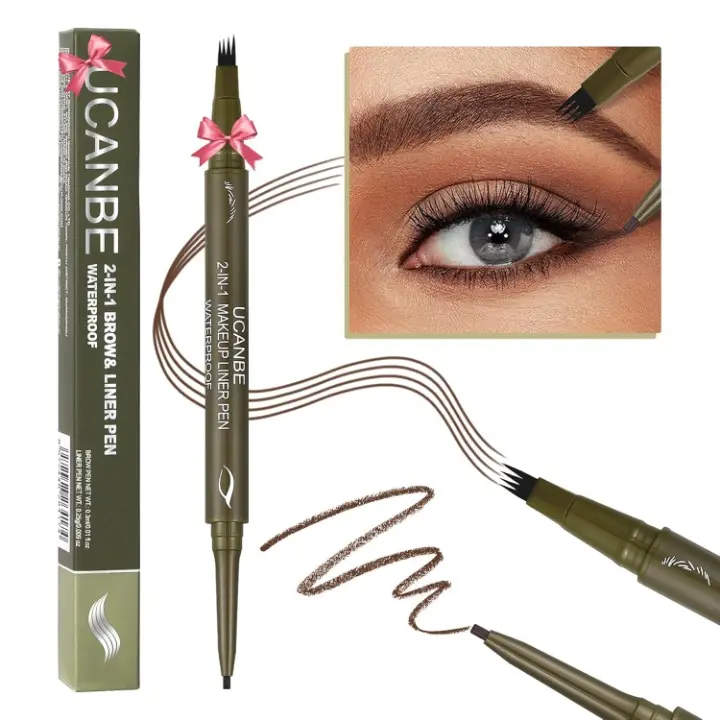 #backtoschool UCANBE Eyebrow Pen, Dual-Ended Eyebrow Pencil with 4-Fork-Tip & Gel Eyeliner for Women, Eye Brow Pen with Gel Eyeliner Pencil, Microblading Eyebrow Pencils with Hair Like Strokes, Light Brown Cosmetic Makeup Brow Kit,back to school