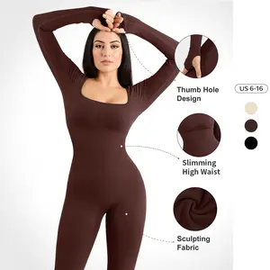 Athletic Solid Color U Neck Seamless Thumb Holes Yoga Jumpsuit, Minimalist Long Sleeve Jumpsuit for Spring & Fall, Plain Shaping Sportswear（US）