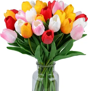Fake Flowers Tulips Artificial Flower 15pcs Real Touch PU 14" for Spring Easter Home Kitchen Wedding Bouquet Bulk Mother's Gift Day Decorations