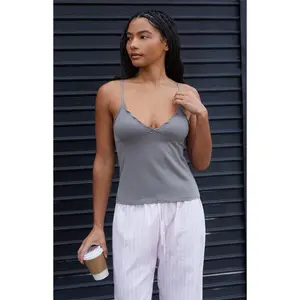 John Galt Women's Gray Tiffany Bow Lettuce Edge Tank Top