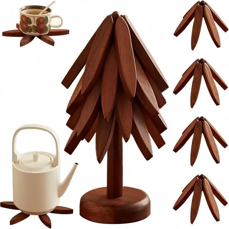 Solid Wood Tree-Shaped Trivet Set: 4 Trivets With Storage Stand, Heat-Resistant & Durable, A Great Companion For Kitchen And Dining Table-BY