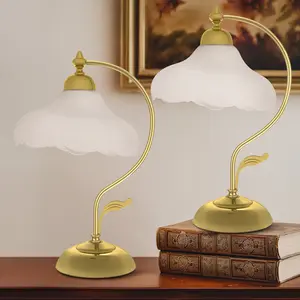 Set of 2 Vintage Gold Table Lamps with Flower-Shaped Frosted Glass Shades, Elegant Goose neck Bedside Lamps for Bedroom, Living Room, and Office Decor.