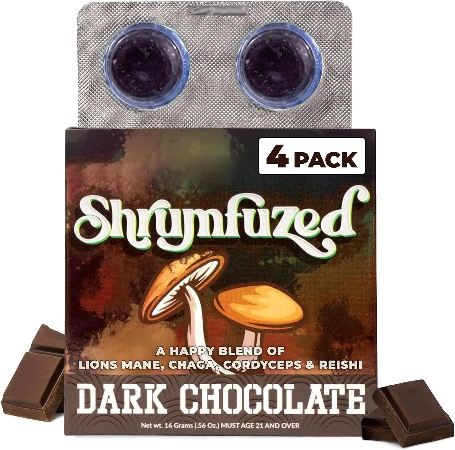 Mushroom Gummies 3200mg | Lion's Mane, Reishi, Cordyceps & Chaga Blend | 4 Count | Dark Chocolate Flavor