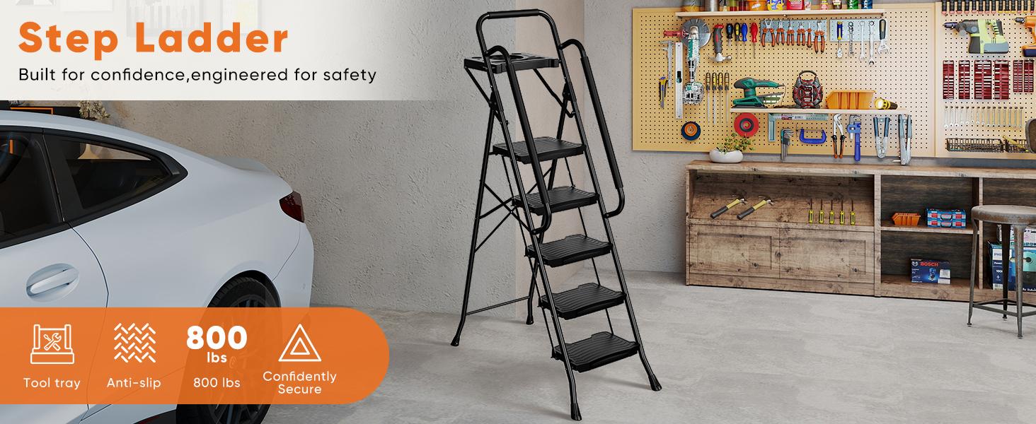 Step Ladder,  Folding Step Stool with Wide Anti-Slip Pedal, Sturdy Steel Ladder, Dual Handrail, Lightweight, Portable Steel Step Stool for Home Clean, Maintenance, House Work, Kitchen, Painting