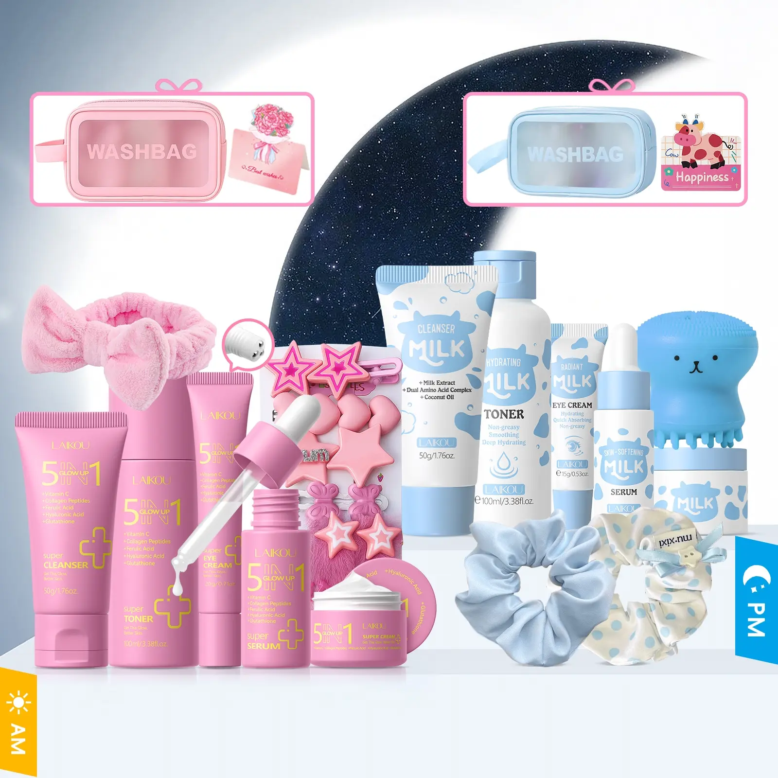 5-In-1 Milk Daily & Night Facial Care Set, 2 Bags Including Cleanser & Toner & Serum & Eye Cream & Essence Cream, Makeup Bag, Hydrating Soothing, Moisturizing Revitalizing Set, Skin Rejuvenating Set