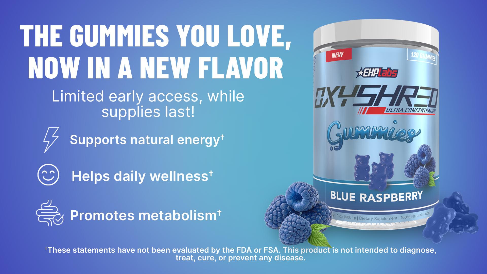 EHPlabs OxyShred Gummies  | 120ct Juicy Strawberry & Blue Raspberry Pre Workout Gummy Zero Added Sugar L Carnitine & Natural Caffeine On The Go Energy, Edible Preworkout