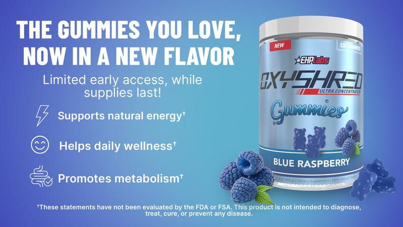 EHPlabs OxyShred Gummies  | 120ct Juicy Strawberry & Blue Raspberry Pre Workout Gummy Zero Added Sugar L Carnitine & Natural Caffeine On The Go Energy, Edible Preworkout