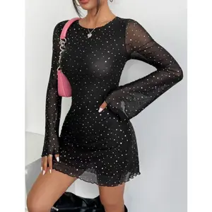 2026 Elegant Women's Black Mesh Sequin Backless Slim-Fit Long-Sleeve Dress with Sparkling Details