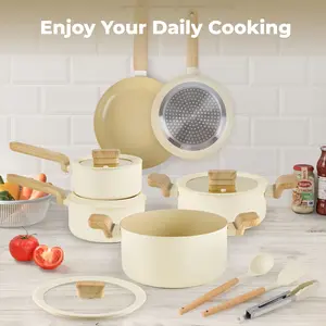 10pcs Pots and Pans Set Non Stick Kitchen Cookware Sets Induction Cookware Nonstick Granite Cooking Set with Frying Pans, Saucepans, Kitchenware,stock up on specials,Valentines Day gifts small Wok Aluminium Wooden Glass non-stick compatible tool rv Lid