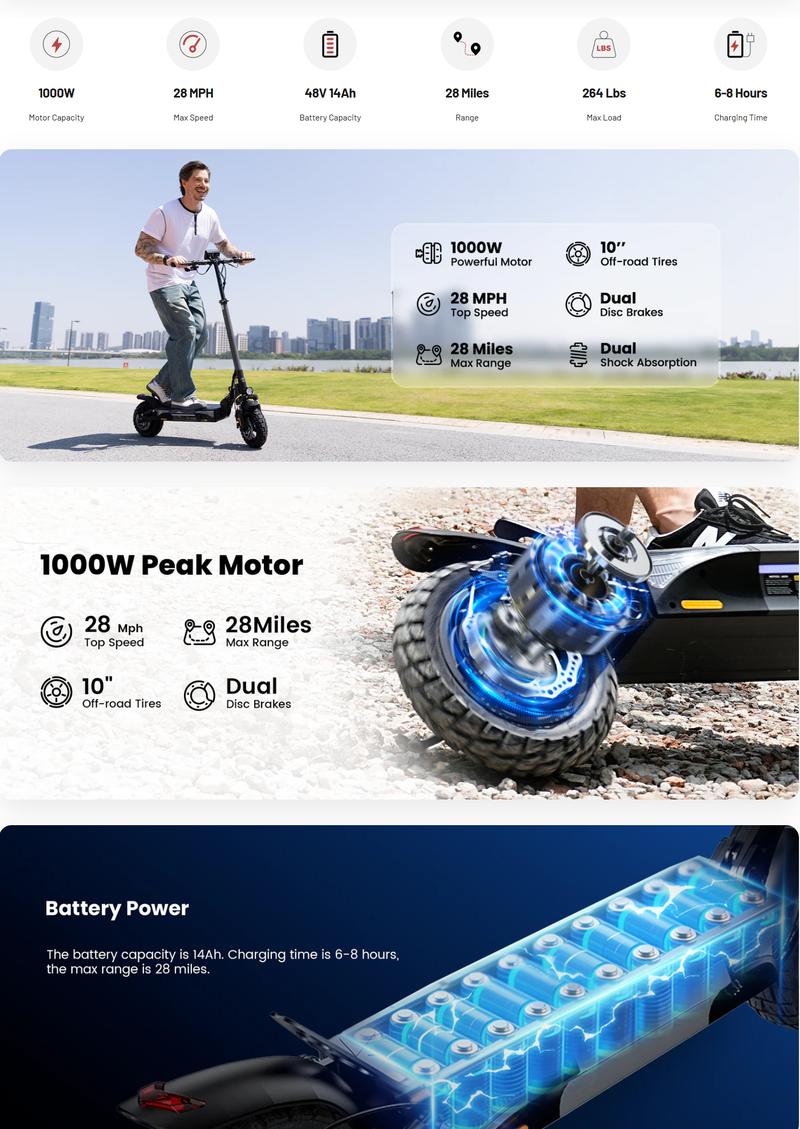 【Valentine's Day】Electric Scooter, 1000W/500W, 28MPH/25MPH,40 Miles/28 Miles/23Miles, 54.6V14Ah/48V15Ah Battery, 10''/11'' All-terrain Tires,  Dual Braking System & Suspension System, Foldable Commuter Electric Scooter Adults for Adults/Youths