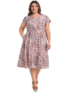 GRACE & GRANDEUR Women's Plus Size Boho Floral Print V Neck Cap Sleeve A Line Flowy Midi Dresses with Pockets