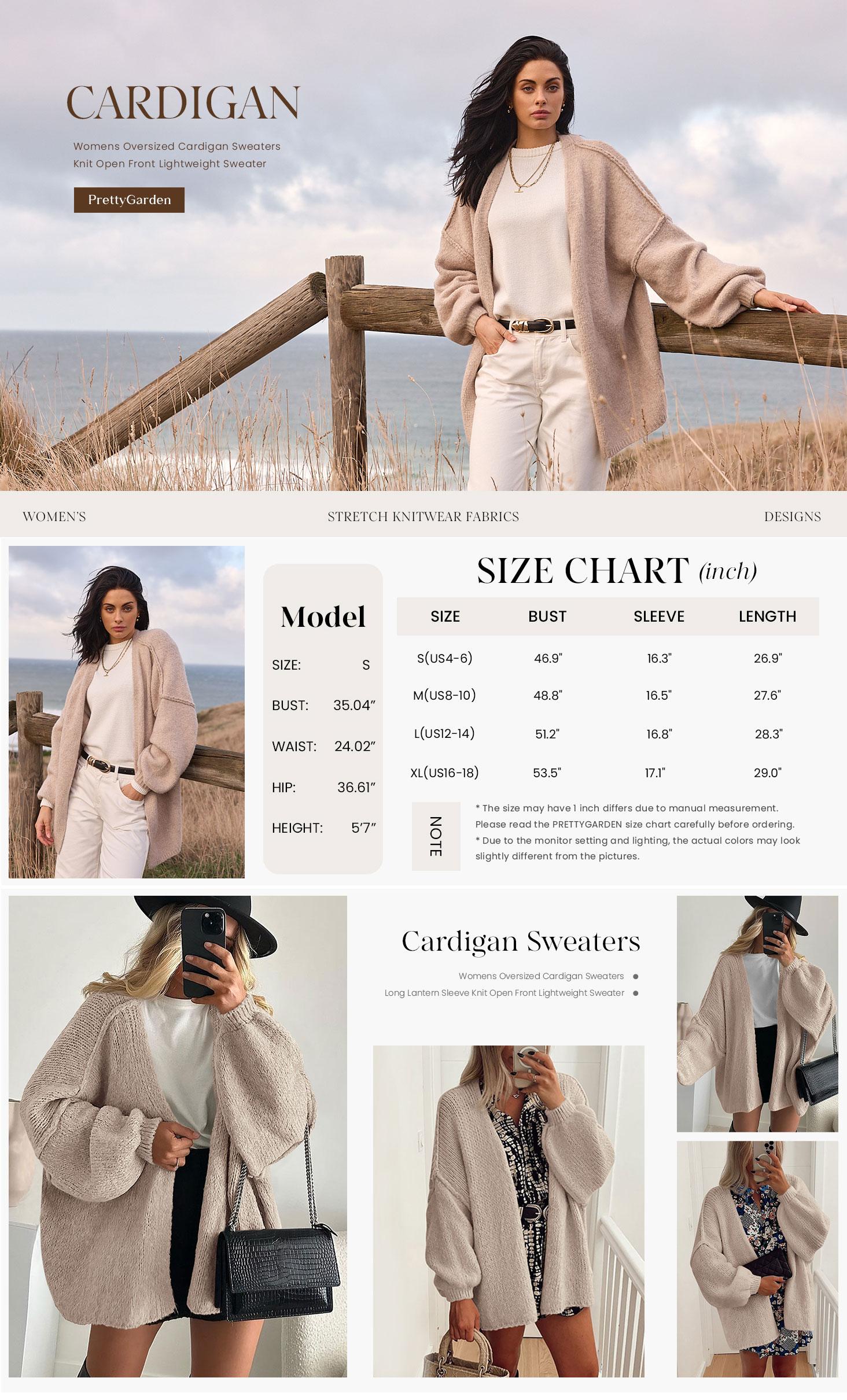 PrettyGarden Women's Oversized Cardigan Sweater Fall Long Lantern Sleeve Knit Open Front Lightweight Sweater Knitwear Tops