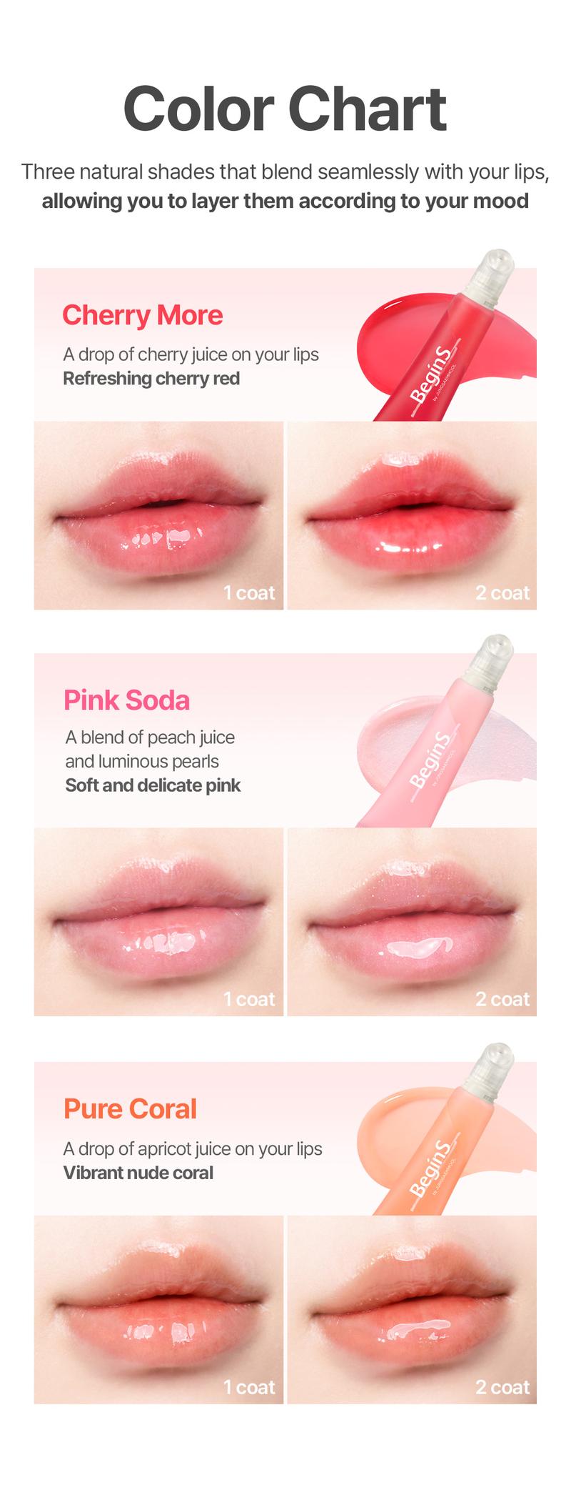 [BeginS by JUNGSAEMMOOL] Lip Care Color Oil | Korean Fruit Lip Oil | Tinted, Hydrating Shine with Cooling & 3D Plumping Effect | For Dry, Chapped Lips (0.33 Fl Oz)