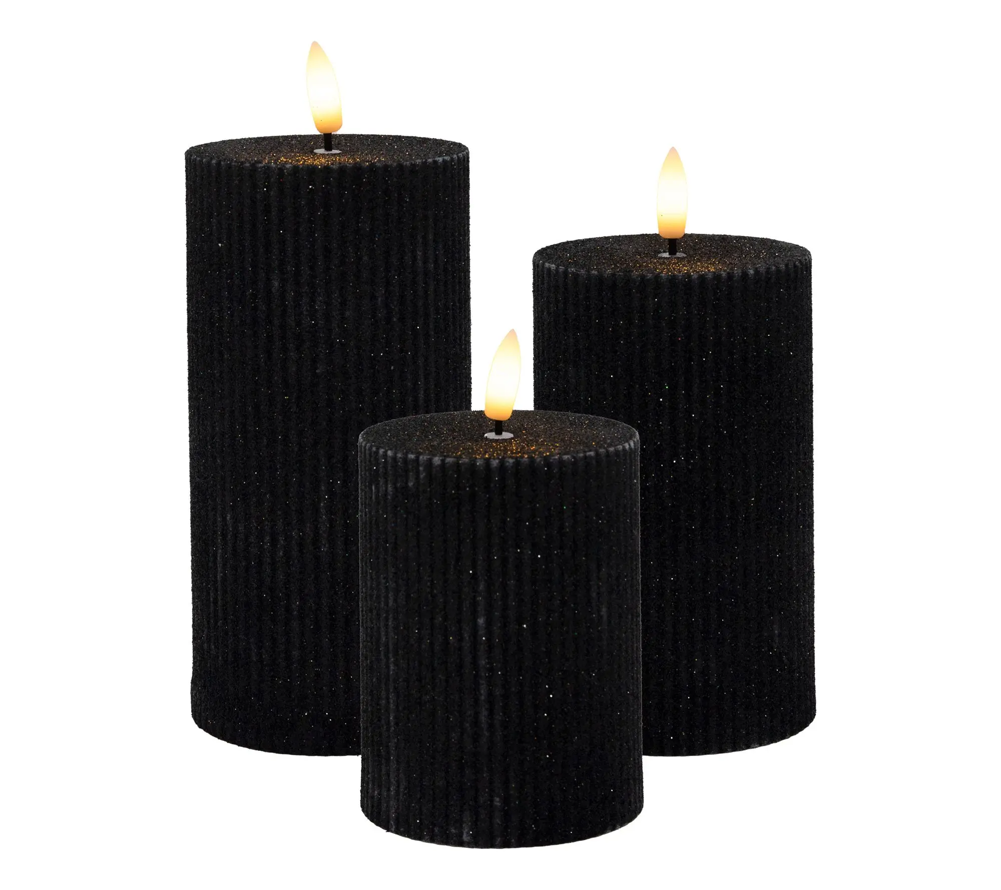 LumaBase Battery-Operated Black Fluted Pillar Candles Set