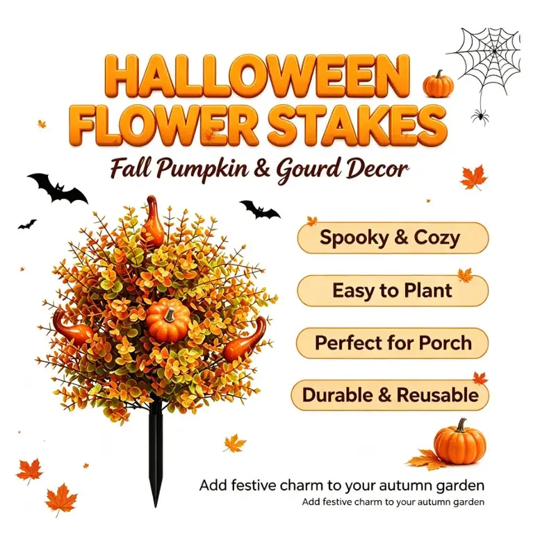 Halloween Pumpkin Flower Stakes Autumn Maple Leaf Gourd Garden Stakes Easy Insert Outdoor Yard Lawn Decor Durable Reusable Fall Porch Ornament  Cozy Halloween Party Decor for Patio Front Door fall decor