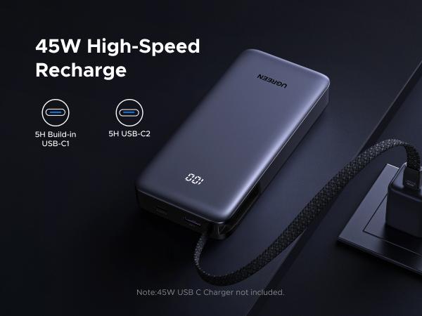 UGREEN Nexode Power Bank 20000mAh 45W with Built-in Cable, Fast Charging Portable Charger for iPhone 17 Pro/Samsung S25 Ultra/iPad Pro, 3-Port External Battery Pack with Digital Display, Travel Ready