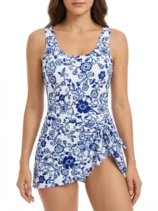 2026 VS-Style One-Piece Swimsuit Blue Floral Print Tummy-Control Skirt Cover-Up High-Stretch Opaque Perfect for Beach Vacayshort bathing suit set、women's swimsuits set、bikini cover arms