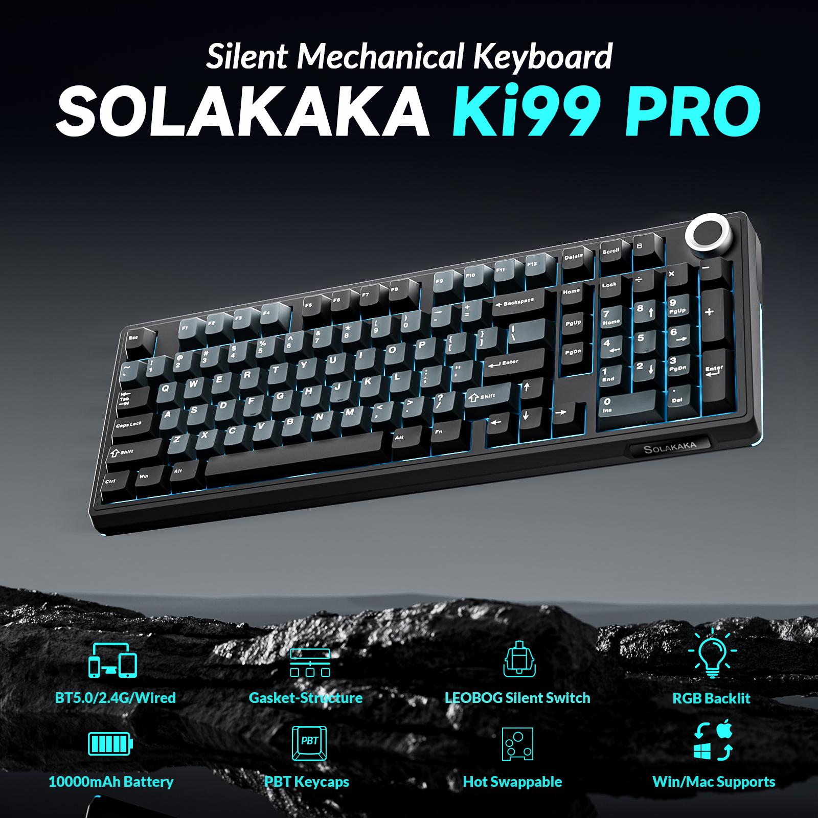 SOLAKAKA KI99 Pro Silent Wireless Mechanical Keyboard Feather Switch Hot Swappable RGB Backlit Gasket Structure Tri-Mode Gaming Keyboards BlackBlue