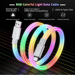 HIPESEN High-Speed Data Transfer USB-C Cable: USB-C to USB-C/Lightning cable | 100W Fast Charging | 480 Mbps Data Sync | Soft silicone material, suitable for gaming, office work, and car travel; compatible with Type-C charging cables Led Colorful Durable