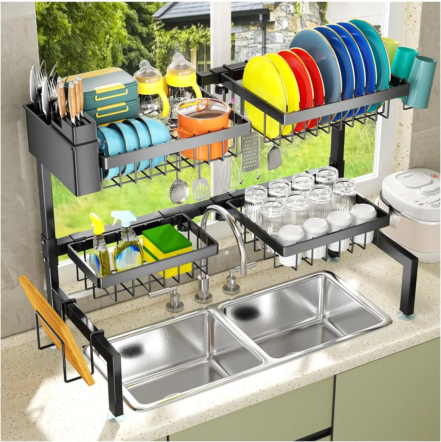 Sturdy H-Shaped Hard Metal Over Sink Dish Drainer Organizer, 2-Layer Expandable Rectangle Shelf with 4 Baskets, Efficient Drain Saves Space, Adjustable Standing Shelf, Mix-Match Boards for 26.57"-35" Sinks