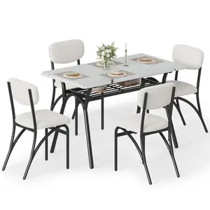 Dining Table Set for 4, Kitchen Table with Boucle Chairs for 4, Modern Rectangular Dining Table with Storage Rack for Small Space, Beige & Marble