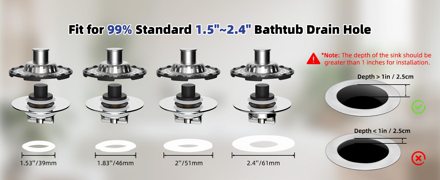 Hibbent Bathtub Drain Stopper with Visible Top Hair Catcher Innovative 3 in 1 Pop-up Bathtub Strainer Fit for Standard 1.5 to 2.4in Drain Hole with Detachable Stainless Steel Filter Basket Chrome