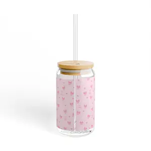 Charming Pink Sipper Glass with Bamboo Lid, Perfect for Summer Drinks, Gift for Her, Cute Home Decor, Eco-friendly Beverage Container