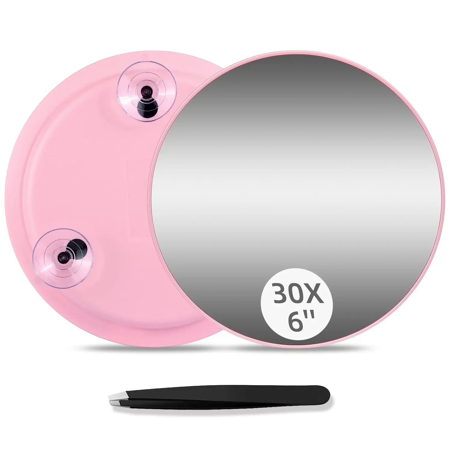 30X Round Magnifying Mirror 6inch with 3 Suction Cups Easy Mounting Compact Travel Magnification Tweezers Set for Detailed Makeup Shaving Blackhead Blemish Removal