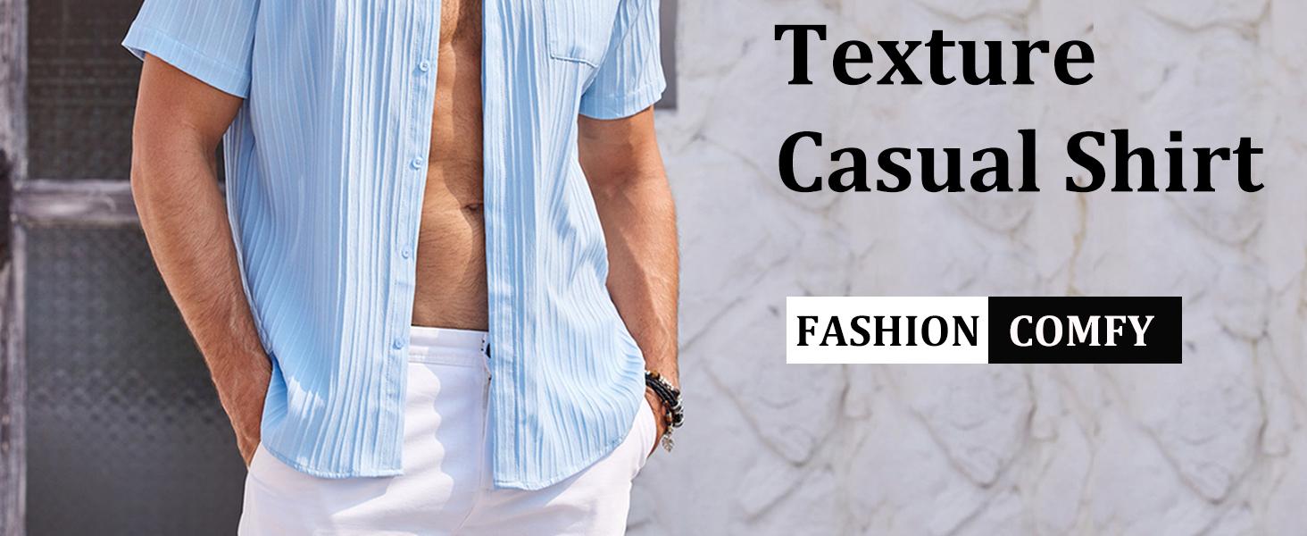 Coofandy Men's Casual Button Down Shirt - Navy Blue Textured Short Sleeve Fitted Collared Neck Summer Beach Top for Men - Canvas