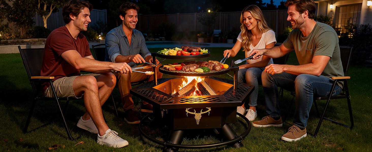 BALI OUTDOORS Hexagon Fire Pit with BBQ Grill 37.5" Outdoor Fire Pit for Wood Burning Patio Firepits with Adjustable Grilling Plates and Charcoal Tray TikTokShopBlackFriday