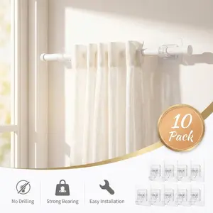 (Transparent)  10 Counts Set No Drilling Self Adhesive Curtain Rod No Drill Curtain,Free Adjustable Curtain Rod Hooks,Rod Brackets Holder Hooks Nail Curtain Hangers for Bathroom Kitchen Home Bathroom and Hotel.
