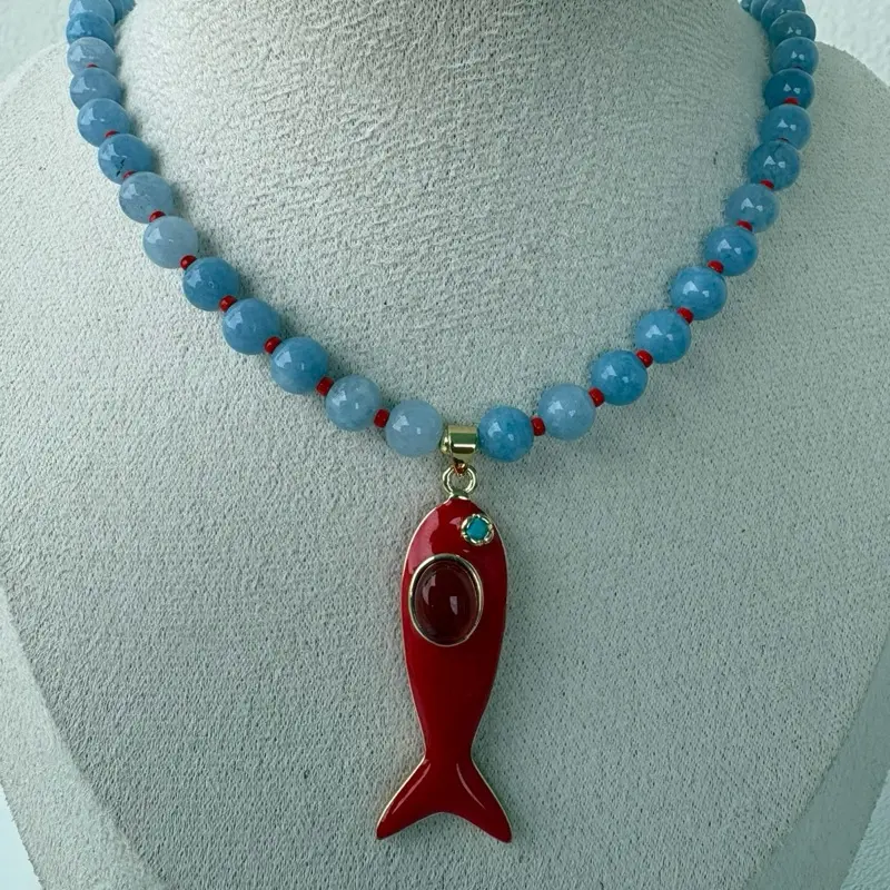 Blue Beaded Necklace with Red Fish Pendant | Statement Ocean Jewelry | 45cm + Extender