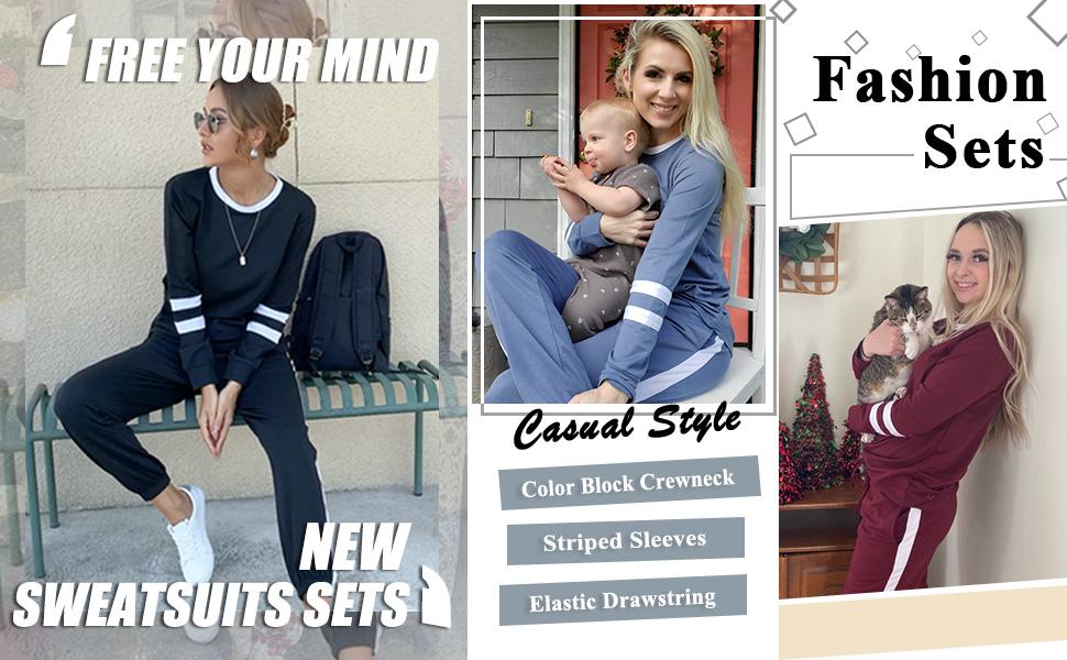 Women 2 Piece Outfits Sweat Long Sleeve Round Neck Pullover Top Pocket Drawstring Pants Set, 2024 Comfor Daily Basic Travel Outdoor Tracksuit