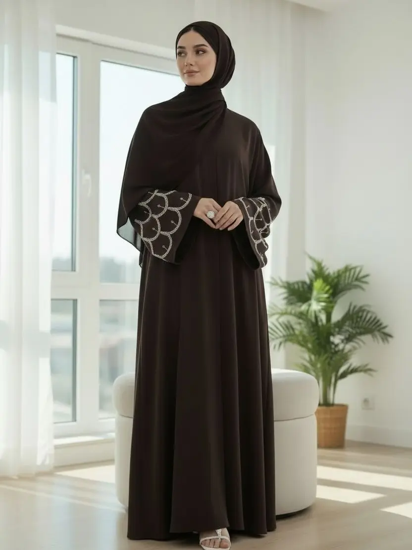 Twin Garb Solid Open Abaya Navy Blue Maxi Dress with Silver Embellished Sleeves Soft Nida Fabric Flowy Silhouette All-Season Wear Elegant for Formal Gatherings Maxi