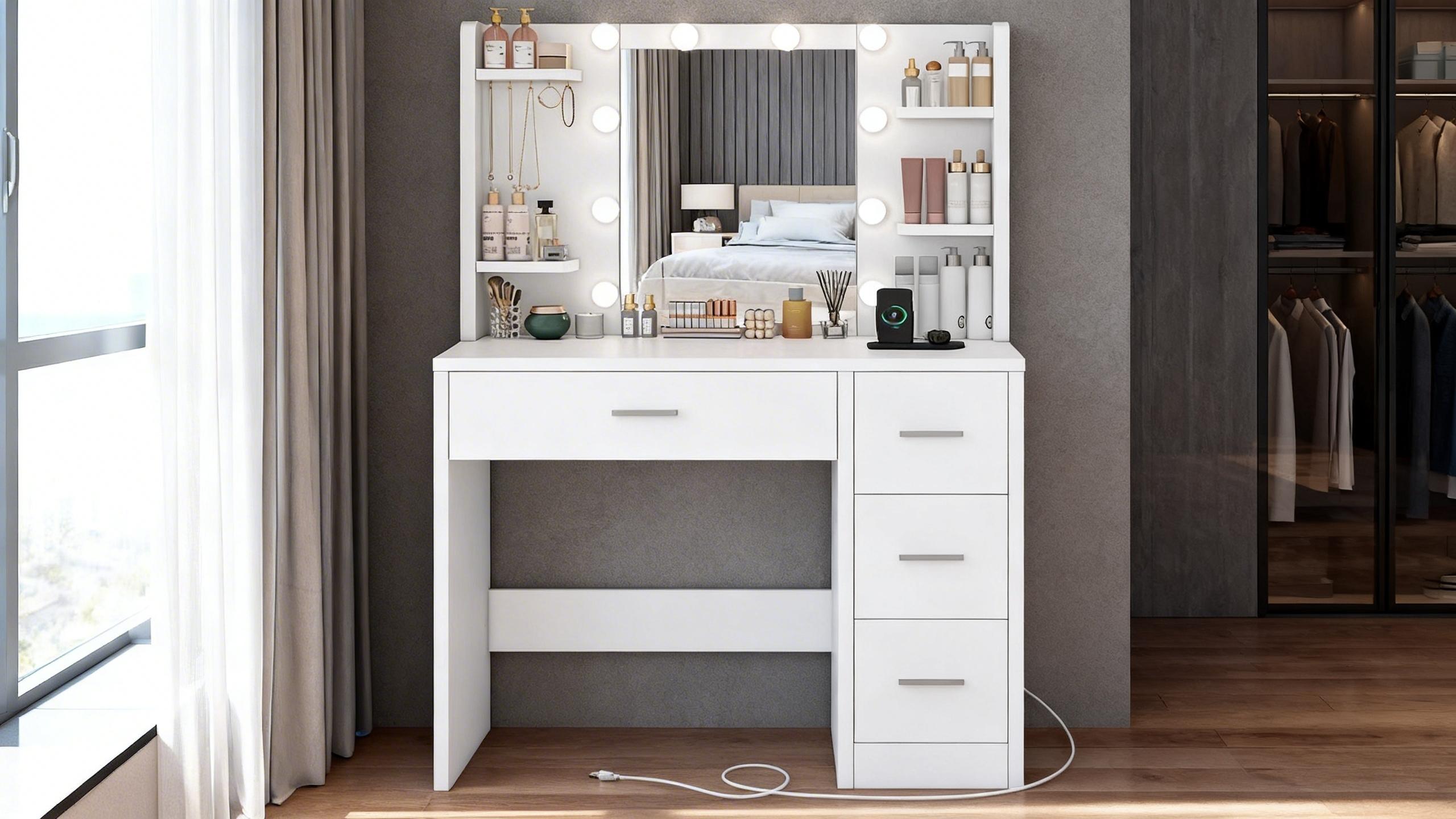 Modern LED Light White Vanity Desk with Power Outlet and Mirror for Makeup & Hair Styling 4 Drawers 3 Color Modes Adjustable Brightness Dressing Table Bedroom