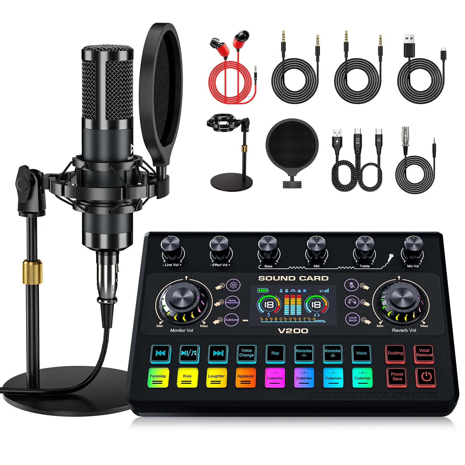 Ideanthro V200-P15 Live Sound Card，Multi-Platform Audio Mixer with 5 Voice Modes,  10+ Sound Effects, Independent EQ & Noise Reduction for Streaming Podcasting Gaming Recording Beginners