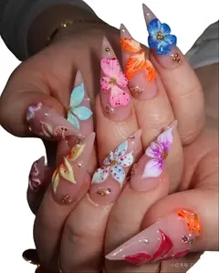 Handmade Nails with Floral Design and Glitter Accents for Manicure and Cuticles - Cutics