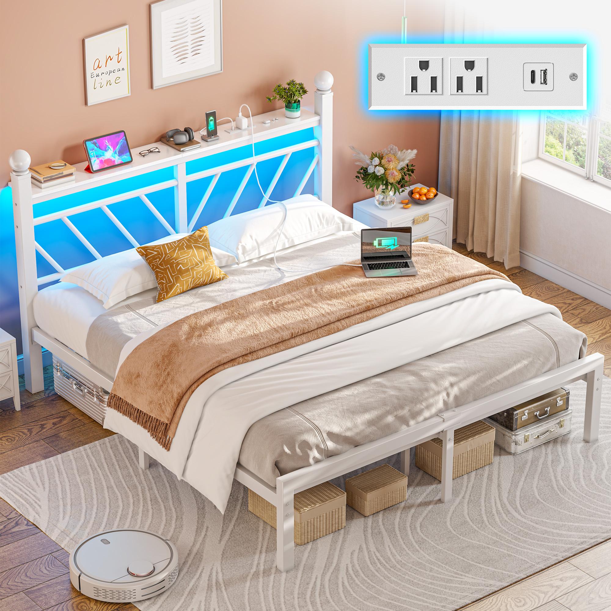 【880 lbs Capacity】Queen Size Metal Bed Frame with LED Lights,Sturdy Bed Frame with Headboard, NO MATTRESS Include,Under Bed Storage Space & Strong Metal Slats, Strong Metal Slats Support,Noise-Free, Easy Assembly,Black