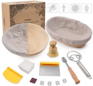 Banneton Bread Proofing Basket Set, Sourdough Bread Baking Supplies with 9" Round & 10" oval Handmade Natural Rattan Proofing Basket and Complete Bread Making Tools